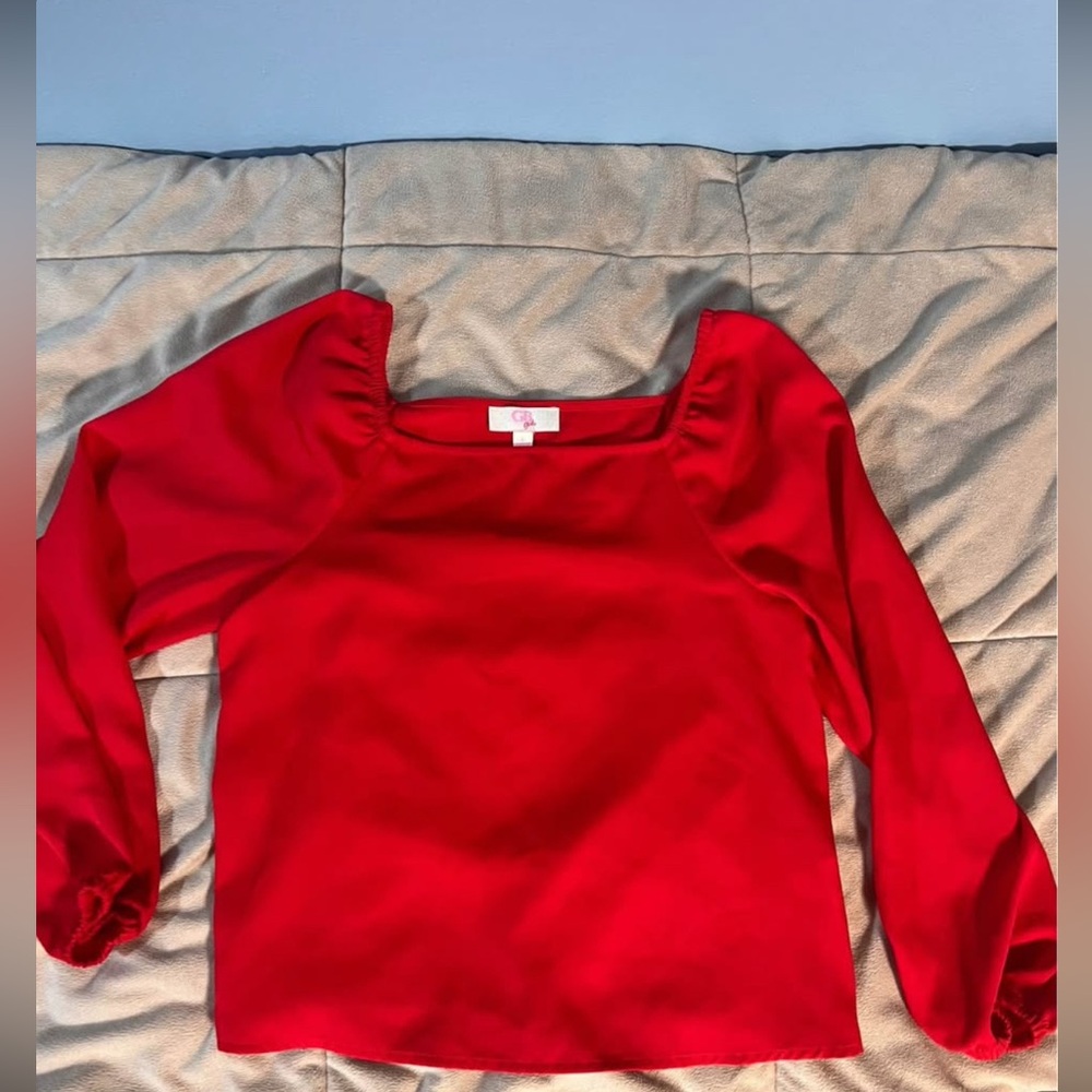 Gilli Red Puff Sleeve Blouse with Square Neckline